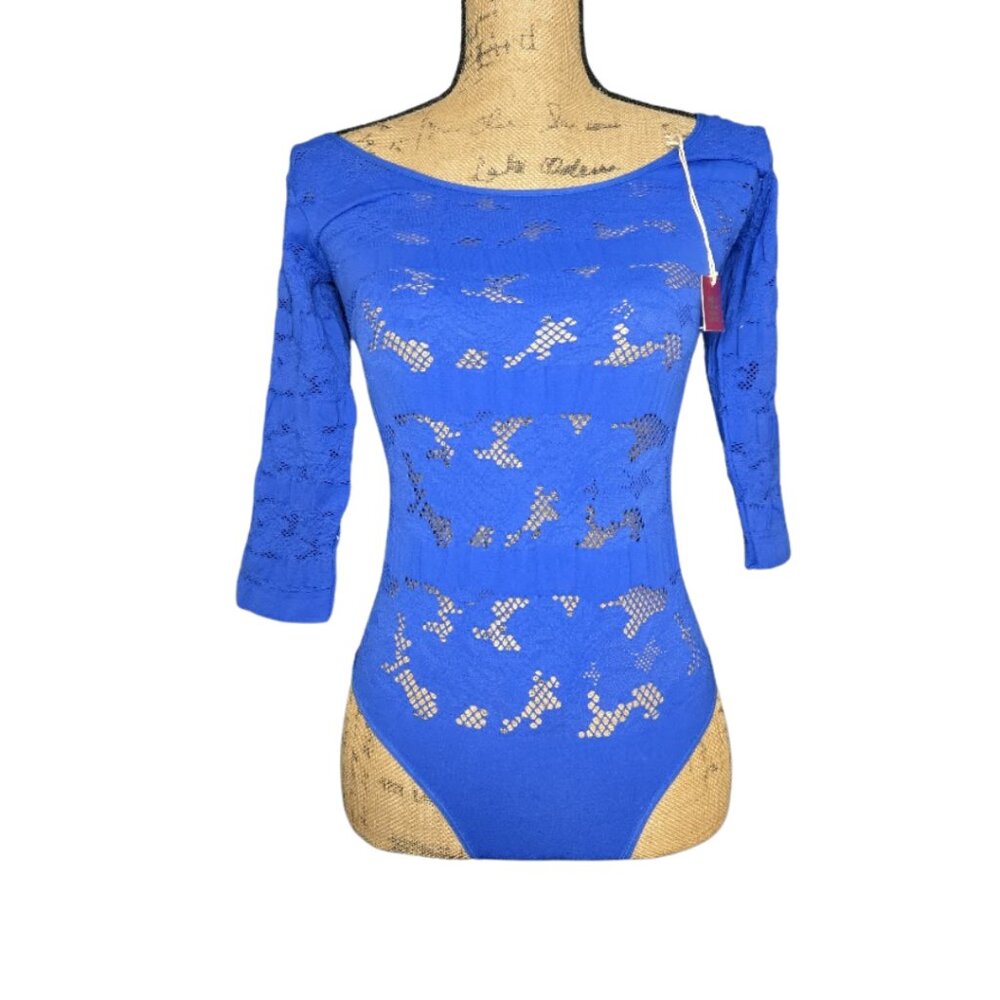NWT Nordstrom Poof Royal blue leotard three-quarter length sleeves Bodysuit M/L - Picture 4 of 10